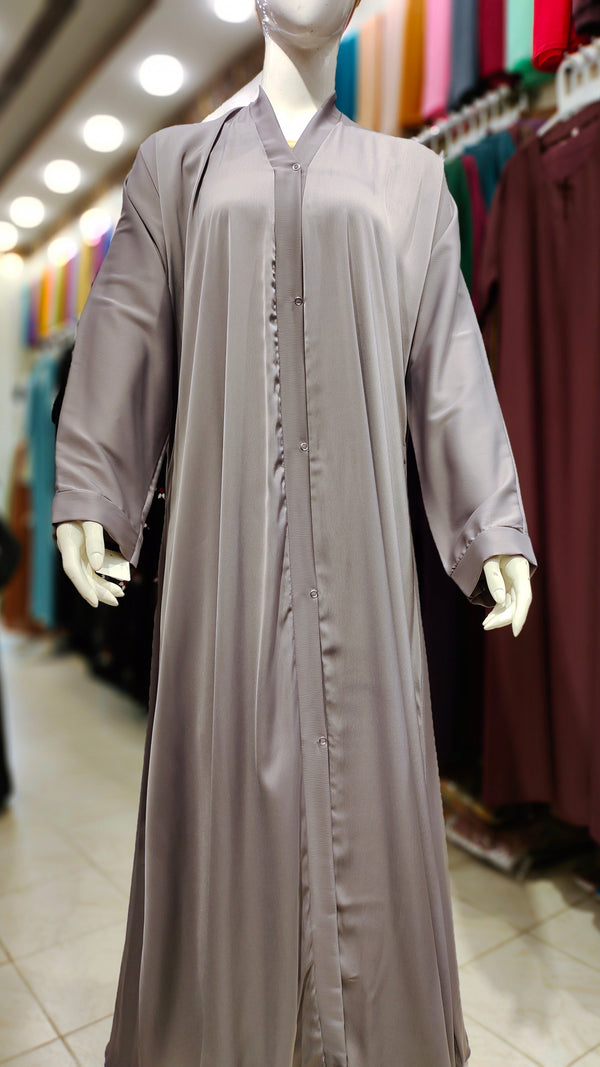 Romantic Silk Front Open Abaya-Ash Grey