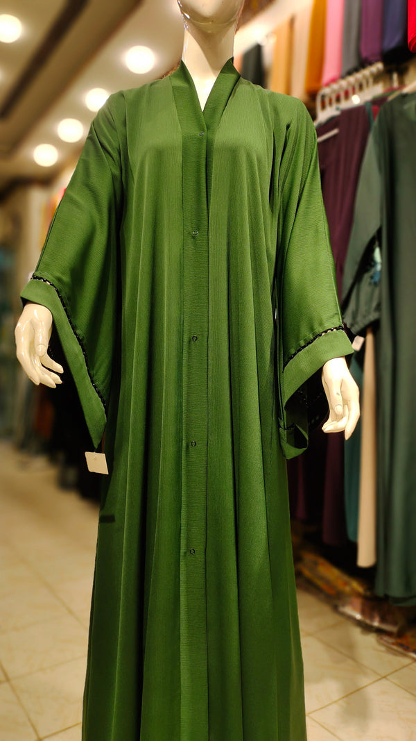 Zoom Fabric Pearl Handwork Abaya – Front Open Style-Bottle Green
