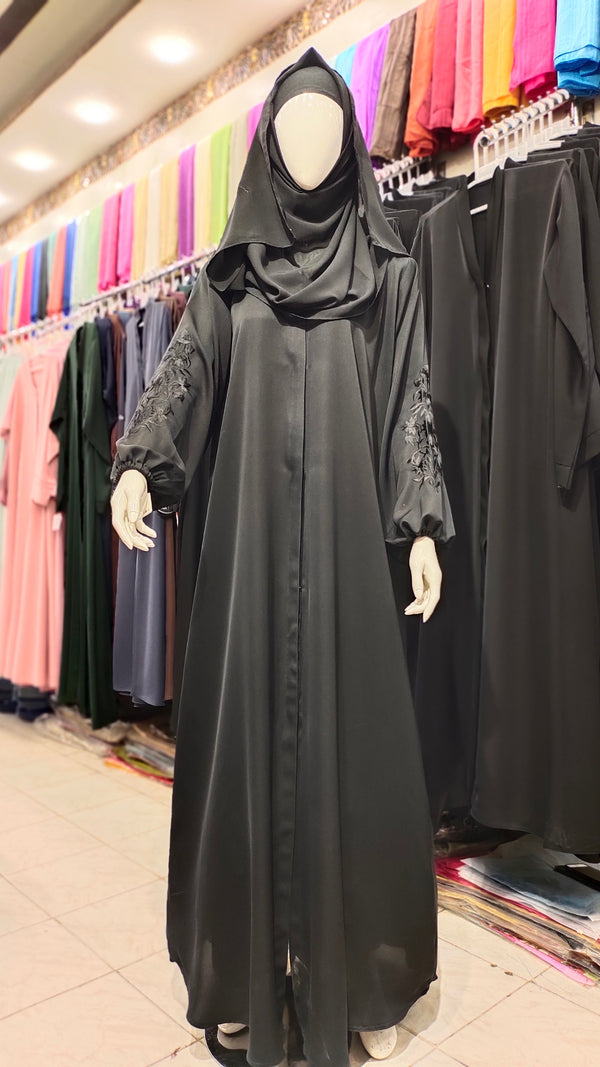 Exclusive Embroidery B/Colour Front Open Abaya - Black Embroidery