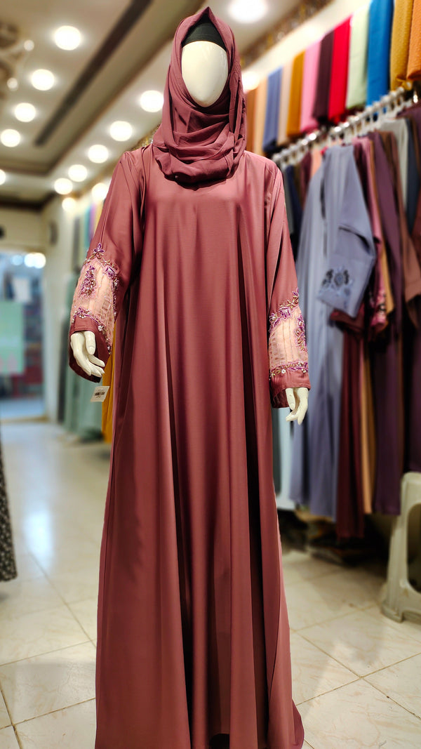 AW Romantic Handwork Abaya – Front Close-Dark Tea Pink
