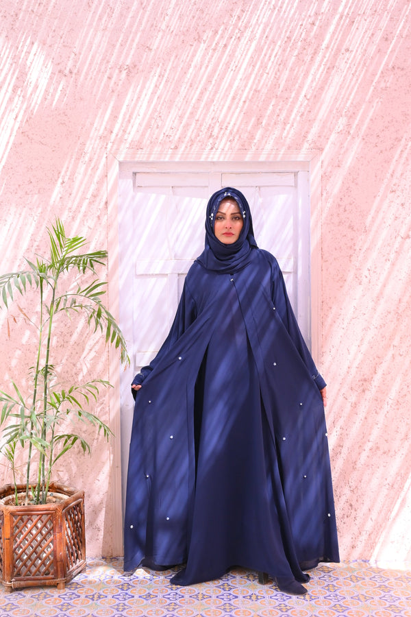 Wardah Shibam Abaya – French Knot Handwork | Korean Wool Chiffon | Inner-Upper Cardigan Style with Matching Stole