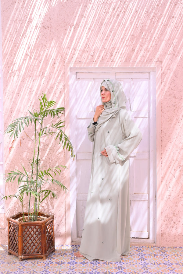 Wardah Shibam Abaya – French Knot Handwork | Korean Wool Chiffon | Inner-Upper Cardigan Style with Matching Stole