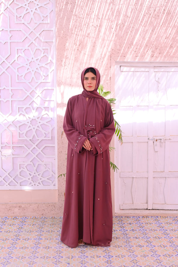 Wardah Shibam Abaya – French Knot Handwork | Korean Wool Chiffon | Inner-Upper Cardigan Style with Matching Stole