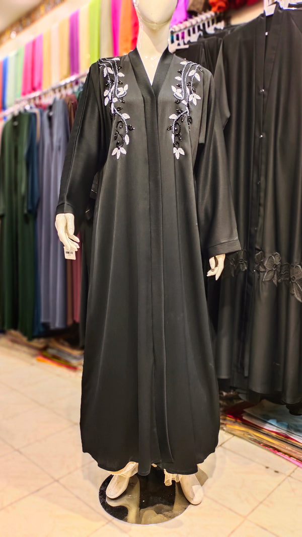 Black Zoom Handwork Front Open Abaya