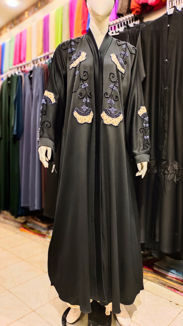 Black Zoom Handwork Front Open Abaya