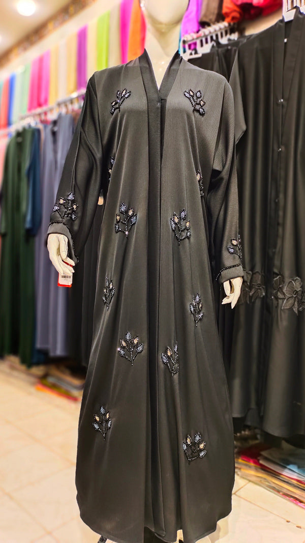 Black Zoom Handwork Front Open Abaya