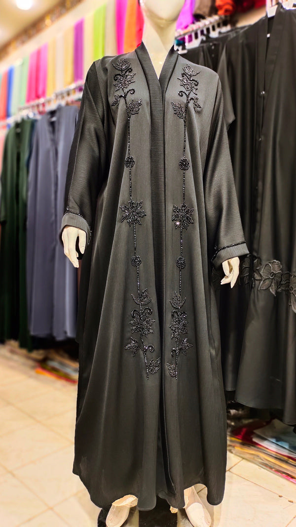 Black Zoom Handwork Front Open Abaya