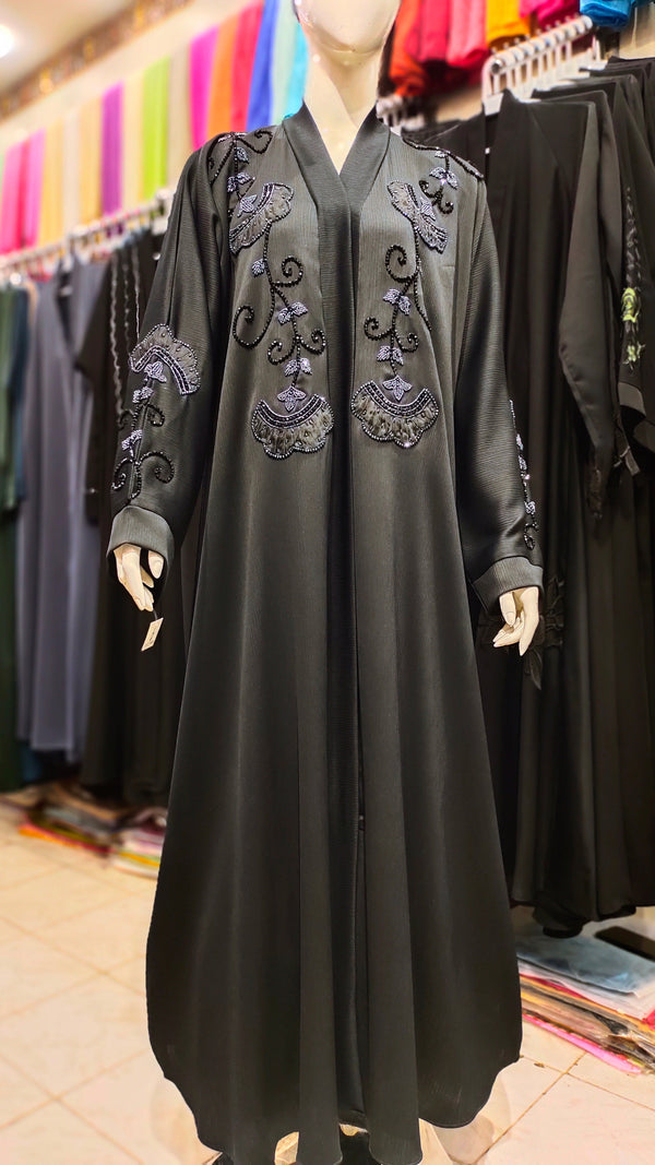 Black Zoom Handwork Front Open Abaya