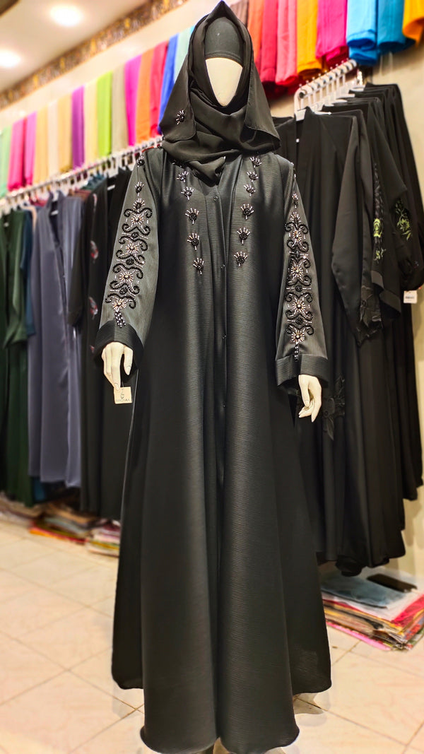 Black Zoom Handwork Front Open Abaya