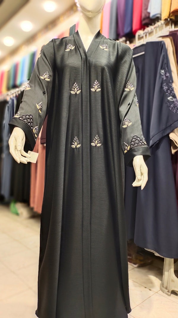 ZB Zoom Black Embroidery Handwork Abaya – Front Open-Black