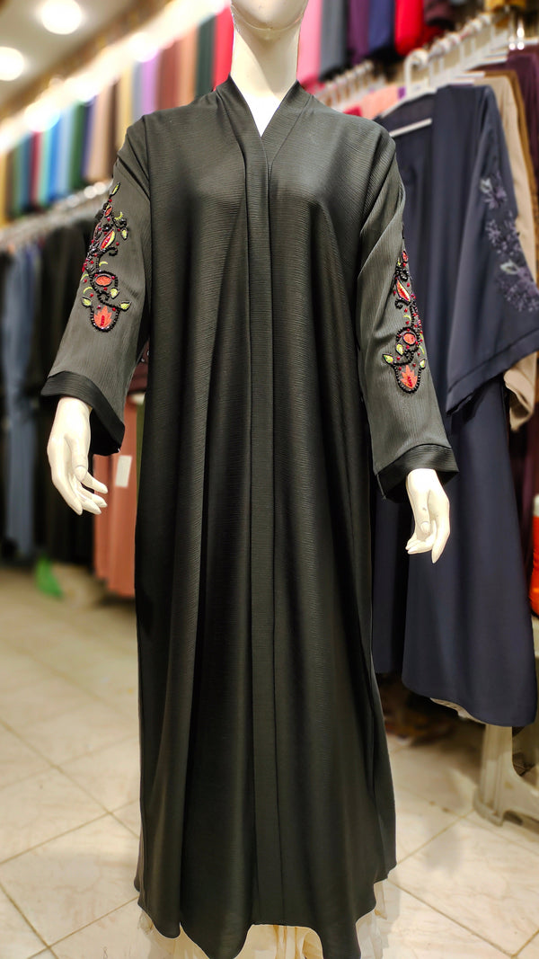 ZB Zoom Black Embroidery Handwork Abaya – Front Open-Black