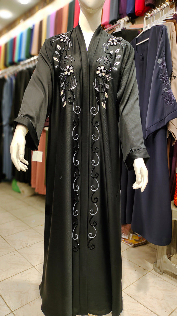 ZB Zoom Black Embroidery Handwork Abaya – Front Open-Black