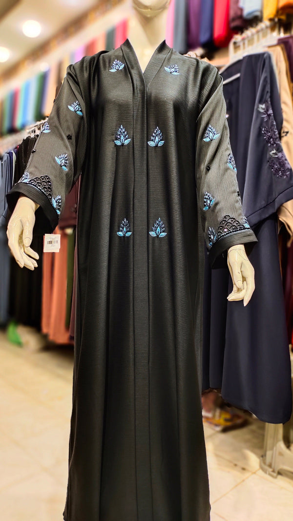 ZB Zoom Black Embroidery Handwork Abaya – Front Open-Black