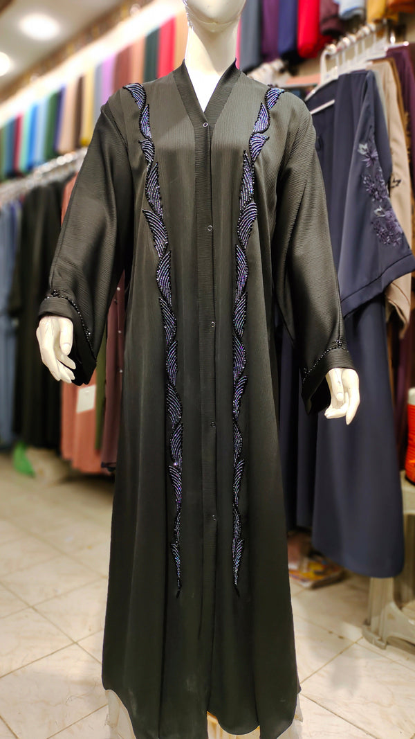ZB Zoom Black Handwork Abaya – Front Open-Black