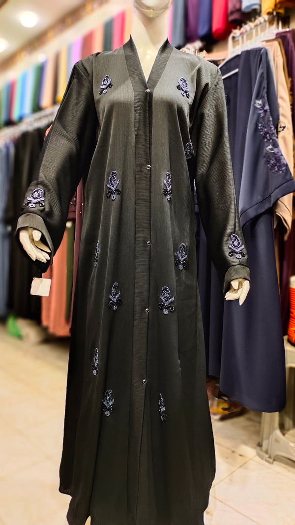 ZB Zoom Black Handwork Abaya – Front Open-Black