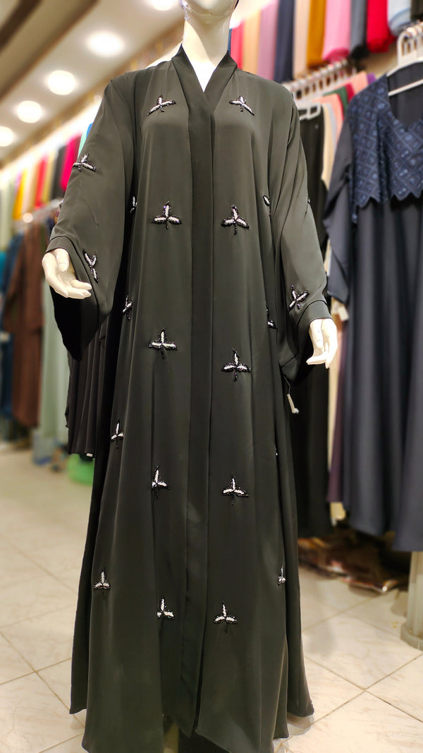 SH Korean Nida Black Handwork Abaya – Front Open-Black