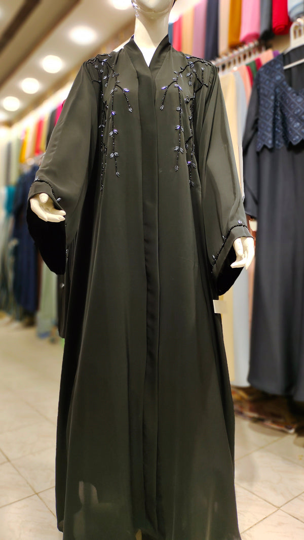 SH Korean Nida Black Handwork Abaya – Front Open-Black