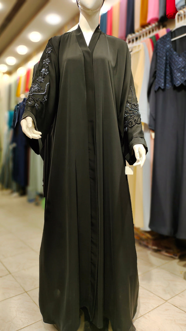 SH Korean Nida Black Handwork Abaya – Front Open-Black