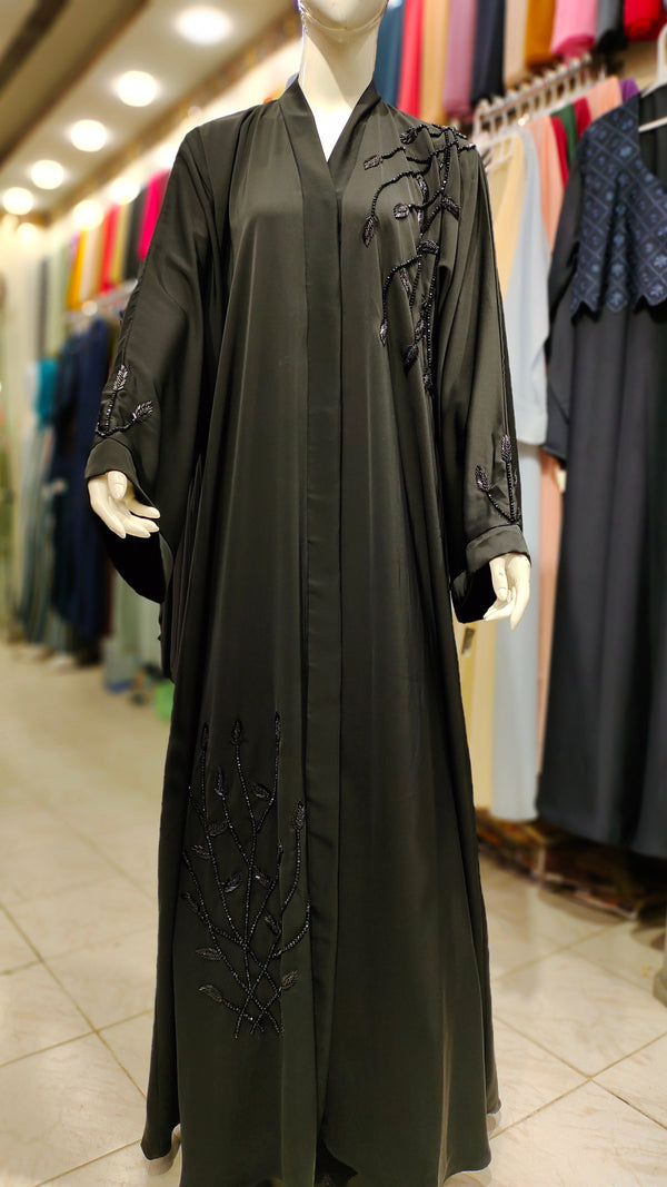 SH Korean Nida Black Handwork Abaya – Front Open-Black