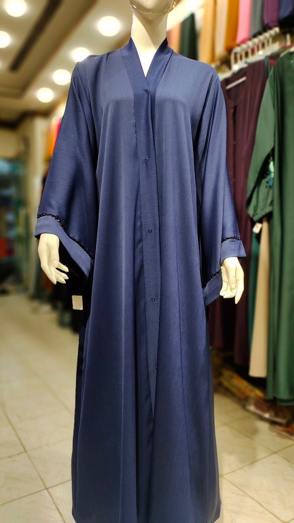 Zoom Fabric Pearl Handwork Abaya – Front Open Style-Navy Blue