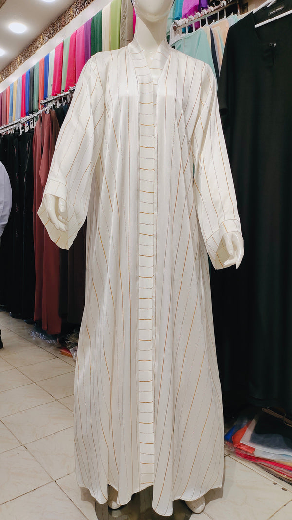 Crinkle Zari Original Front Open Abaya – White