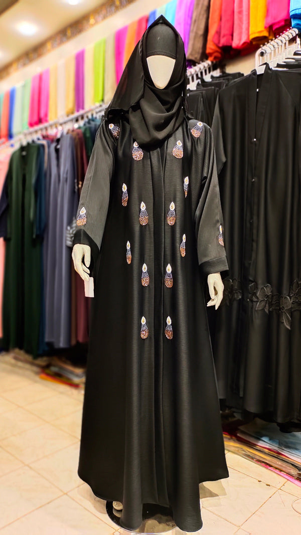 Black Zoom Handwork Front Open Abaya
