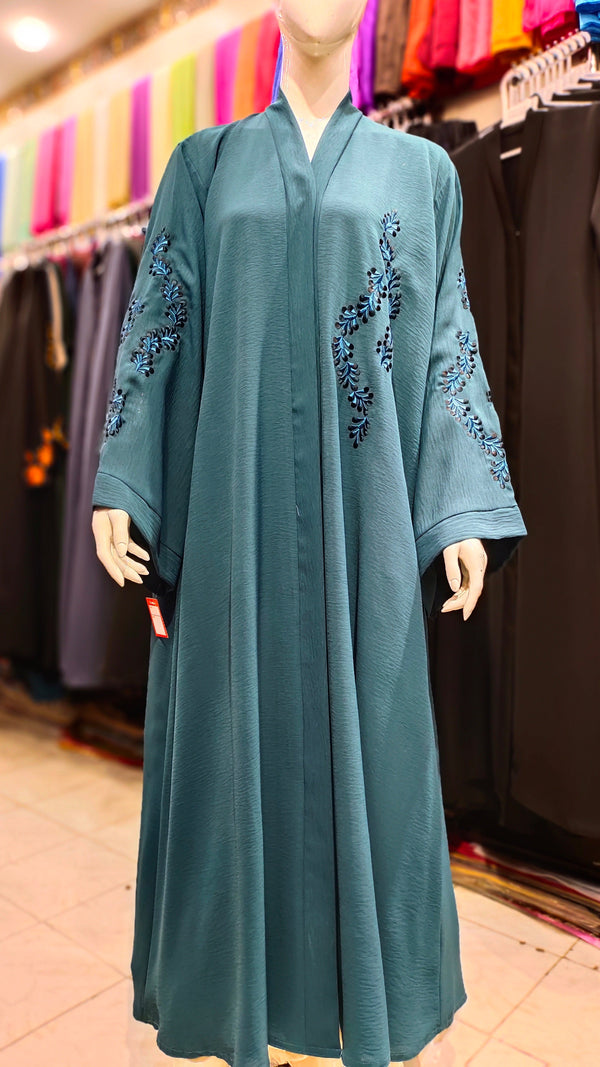 CEY Embroidery Front Open Abaya - Aqua Blue