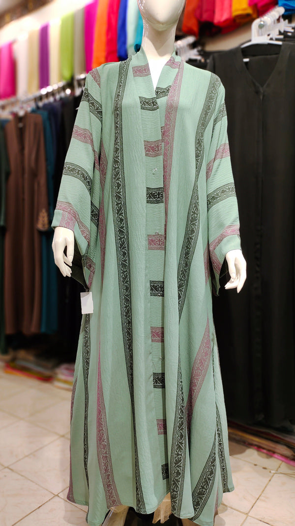 Cey Embroidery Front Open Abaya – Self Print Dubai Fabric - Aqua Green