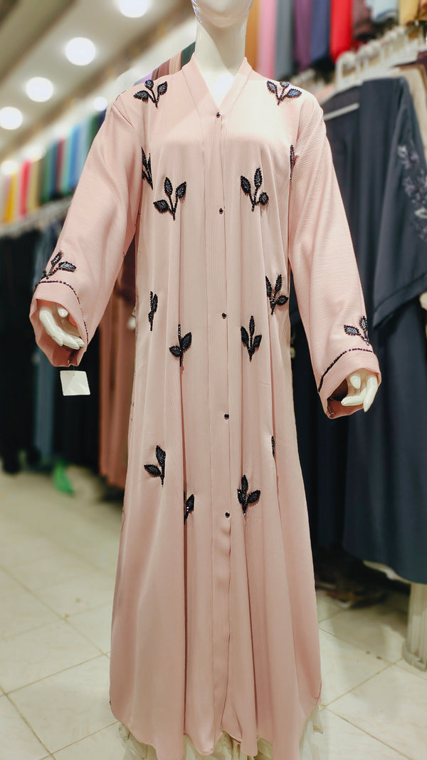 ZB Leaf Design Handwork Abaya – Front Open-Baby Pink