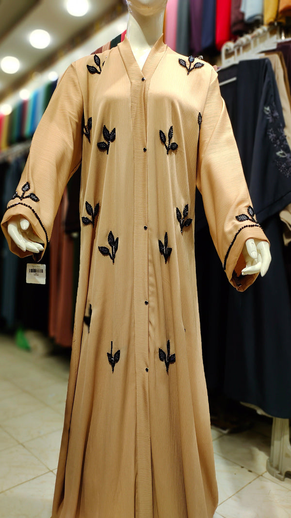 ZB Leaf Design Handwork Abaya – Front Open-Beige Brown
