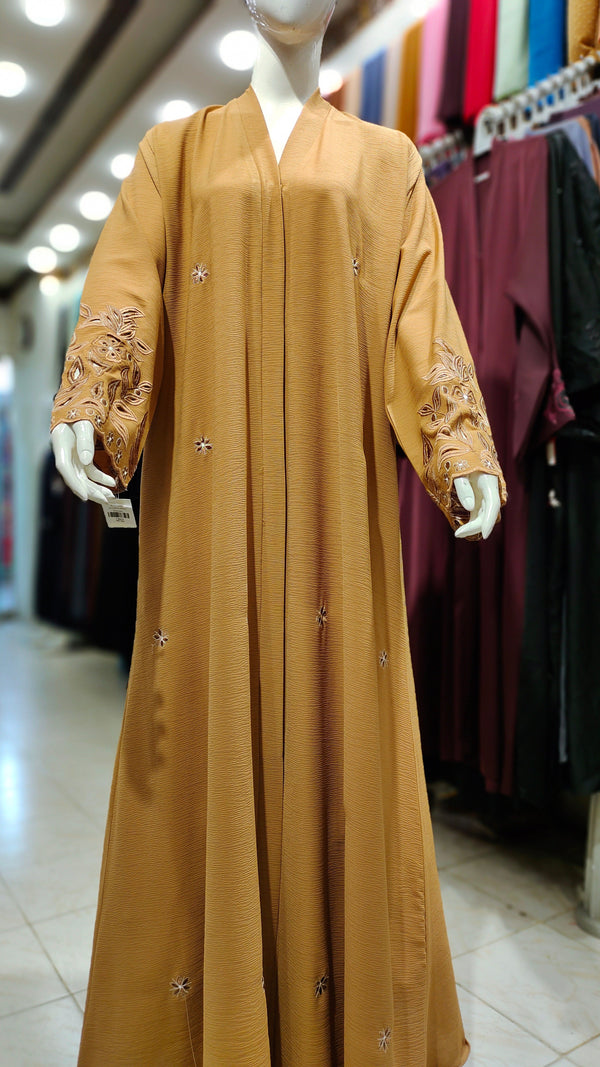 AW Cutwork Sleeves Embroidery Abaya – Front Open-Beige Brown