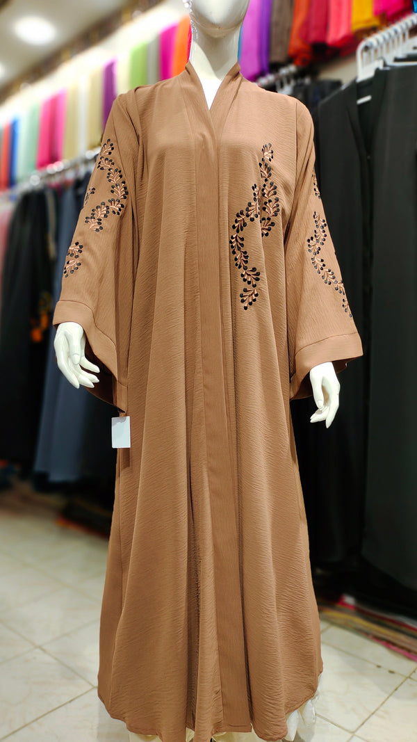 CEY Embroidery Front Open Abaya - Beige