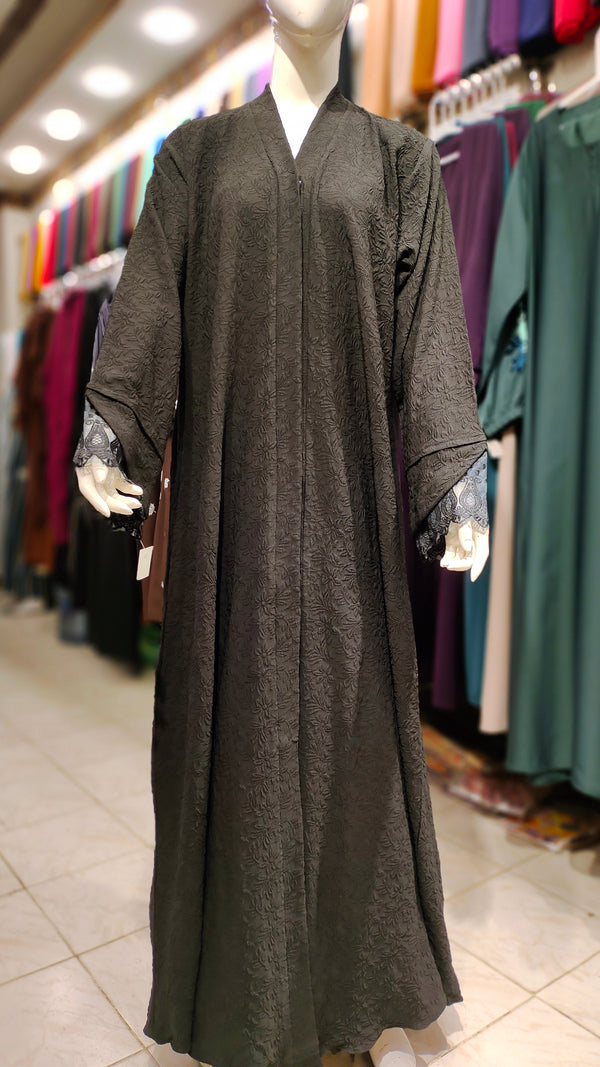 Bubble Crepe Lace Cuff Cut Abaya-Black