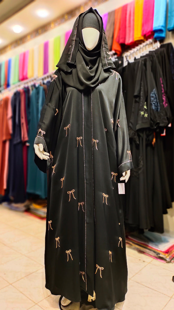 BOW DMC Front Open Abaya – Nida Fabric with Original DMC Stone