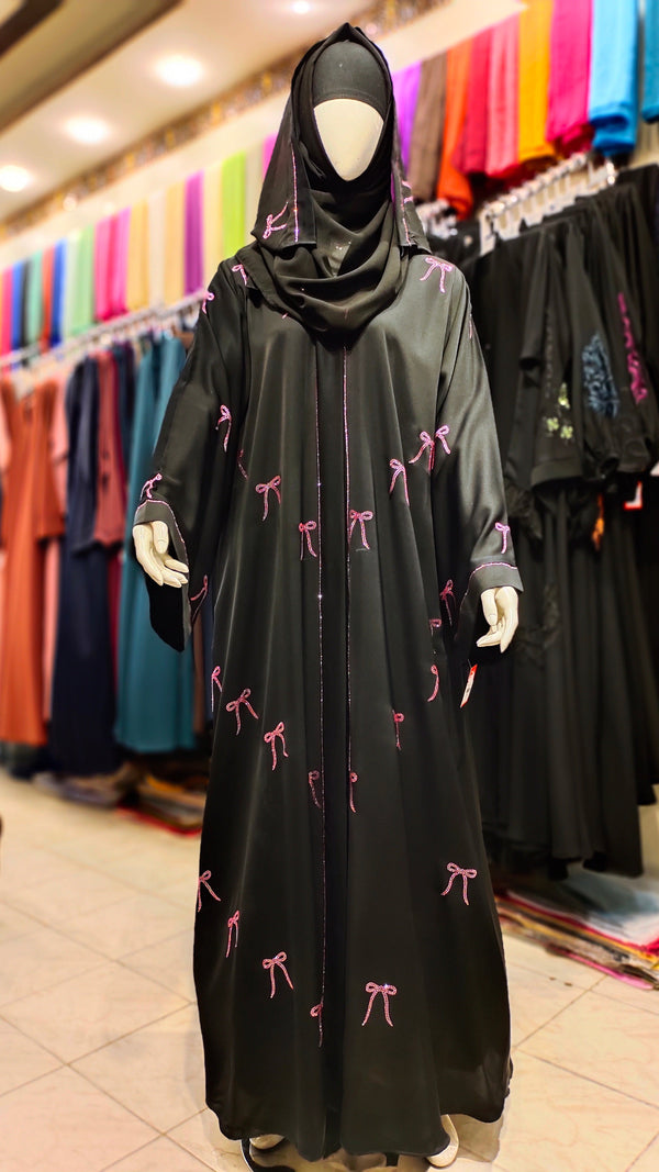 BOW DMC Front Open Abaya – Nida Fabric with Original DMC Stone