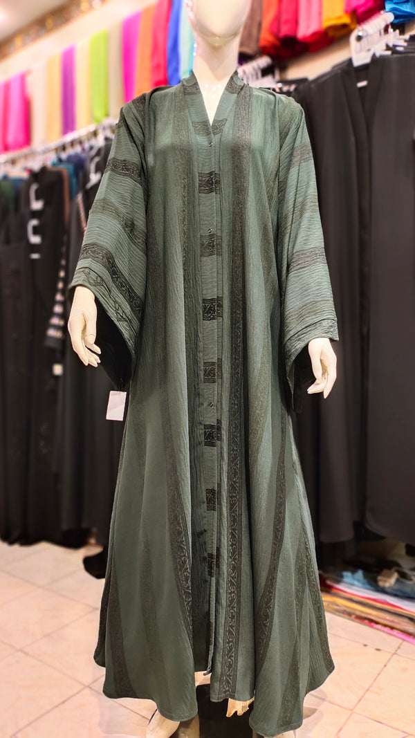Cey Embroidery Front Open Abaya – Self Print Dubai Fabric - Bottle Green
