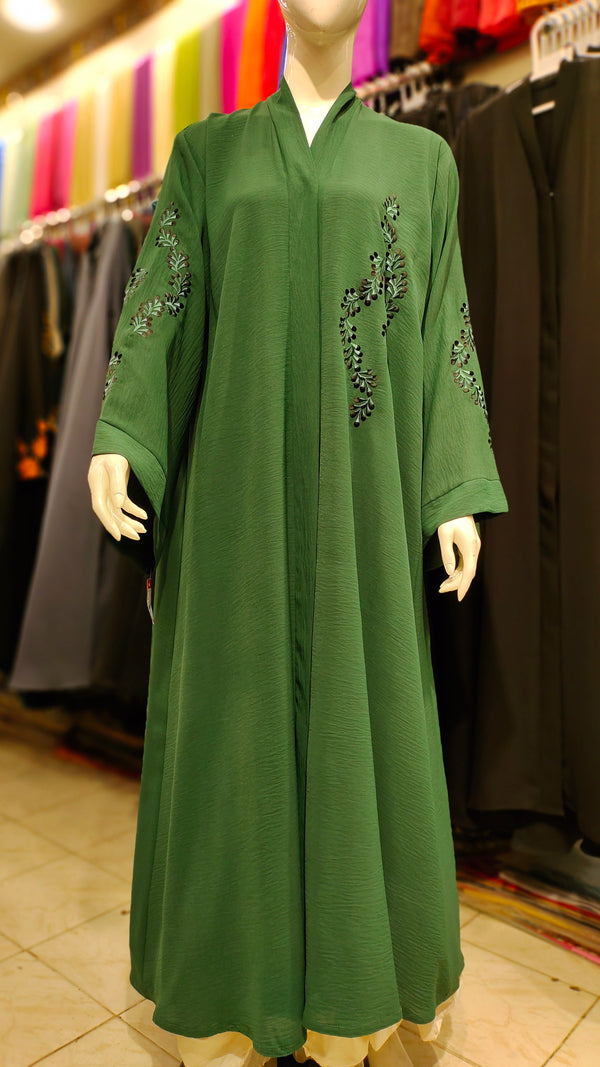 CEY Embroidery Front Open Abaya - Bottle Green