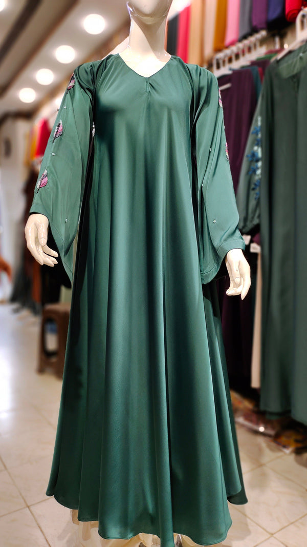 Romantic Silk Handwork Maxi Asian Abaya-Bottle Green