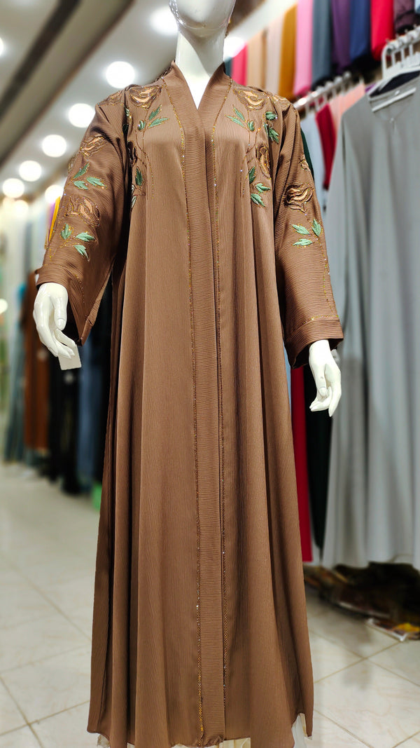 Zoom Sleeves DMC EMB RH Abaya – Front Open-Bronze Brown