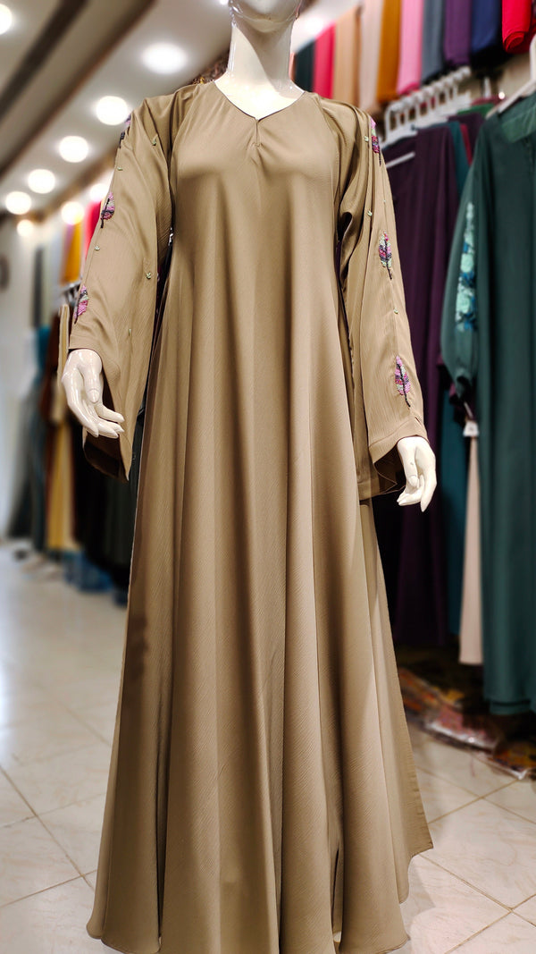 Romantic Silk Handwork Maxi Asian Abaya-Brown Beige