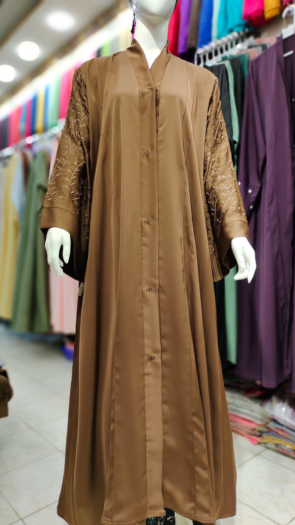 Nida Front Open Abaya with Sleeve Embroidery & DMC Stones - Brown