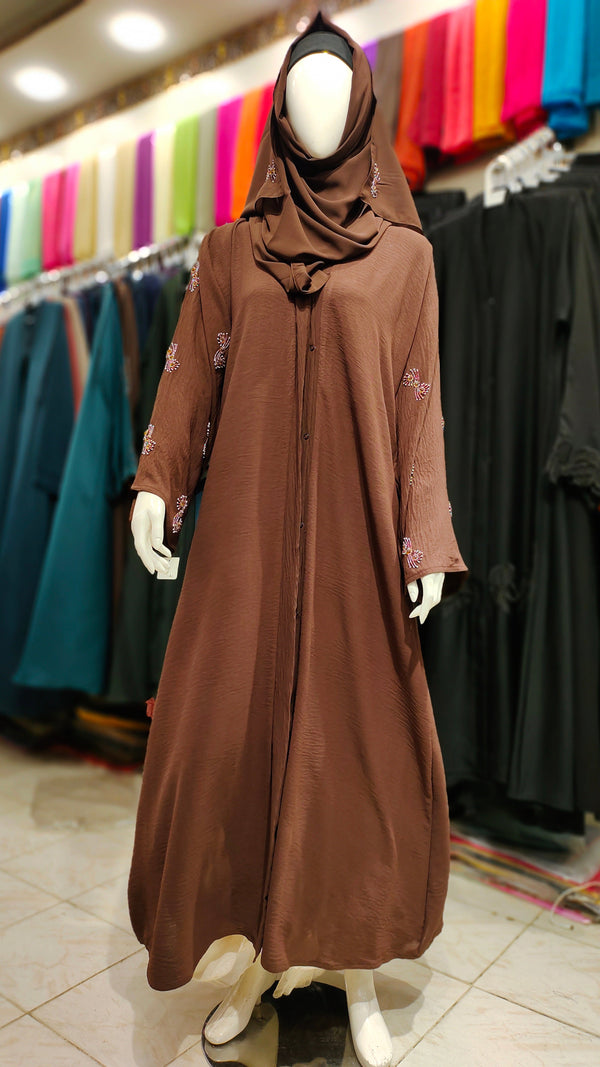 AH Handwork Front Open Abaya – Cey Fabric - Chocolate Brown