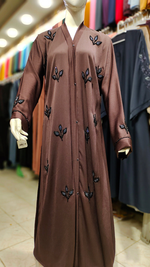 ZB Leaf Design Handwork Abaya – Front Open-Chocolate Brown