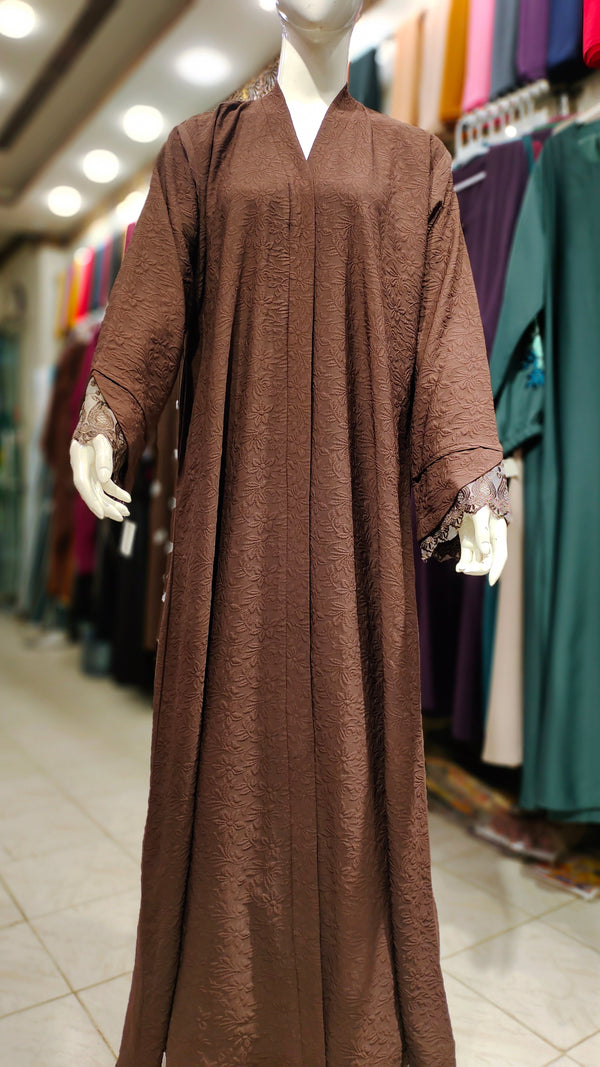 Bubble Crepe Lace Cuff Cut Abaya-Chocolate Brown