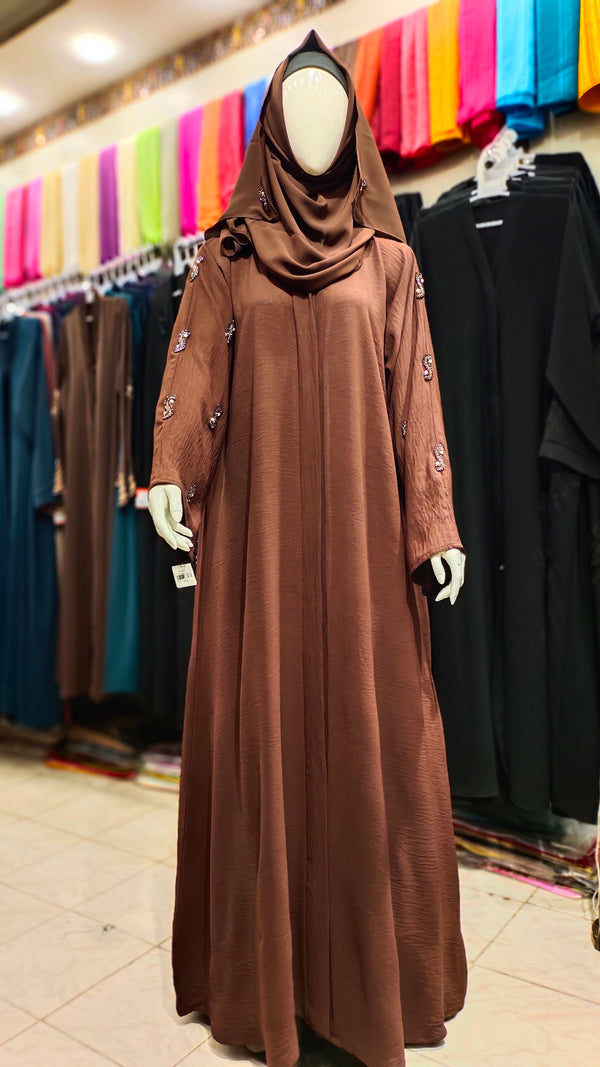 AH Handwork Front Open Abaya – Cey Fabric - Chocolate Brown