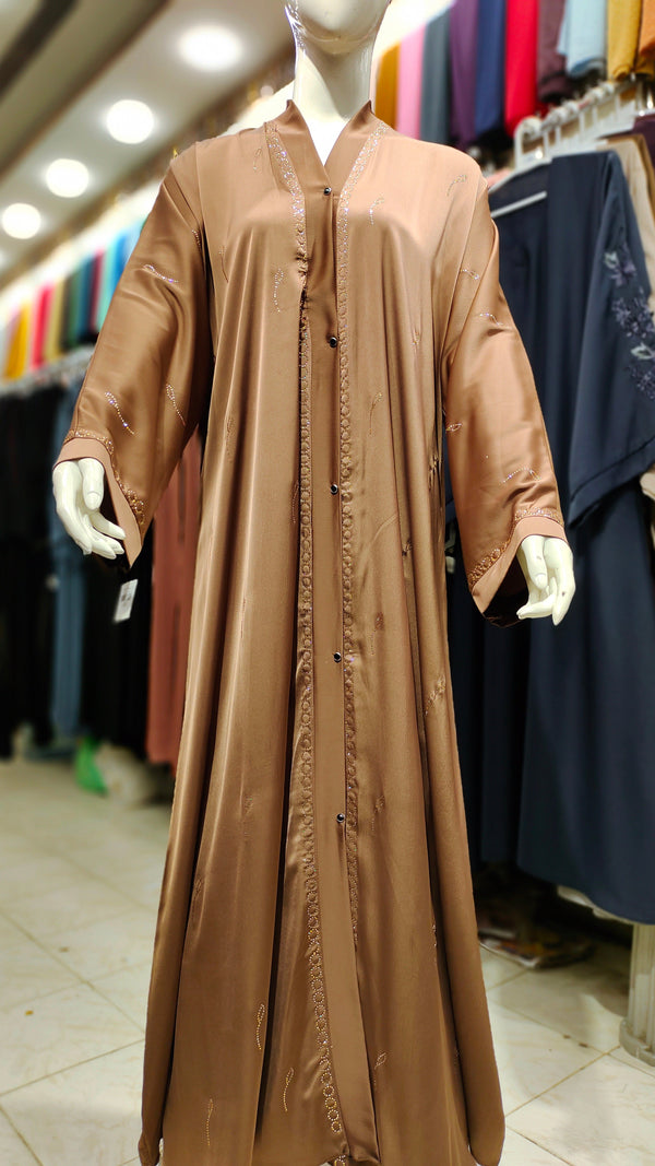 Romantic Silk DMC Stone Abaya – Front Open-Copper Gold