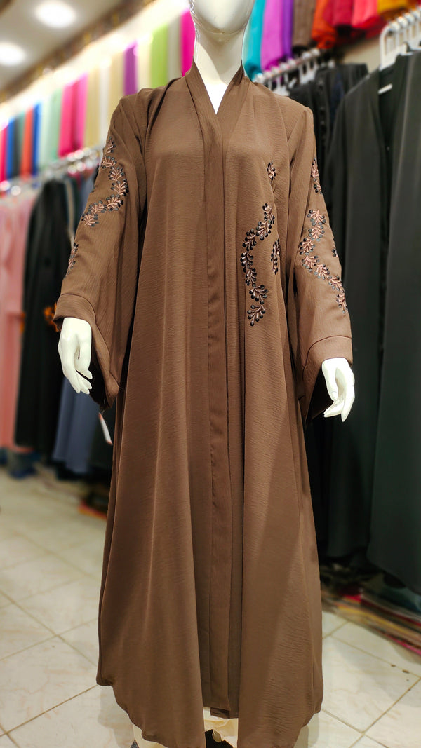 CEY Embroidery Front Open Abaya - Dark Brown