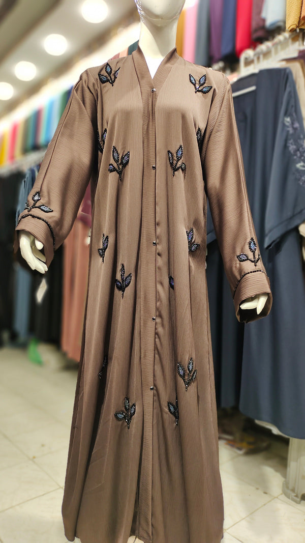 ZB Leaf Design Handwork Abaya – Front Open-Dark Brown