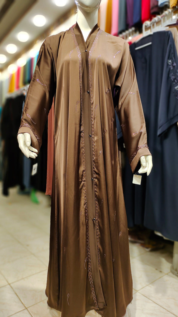 Romantic Silk DMC Stone Abaya – Front Open-Dark Brown