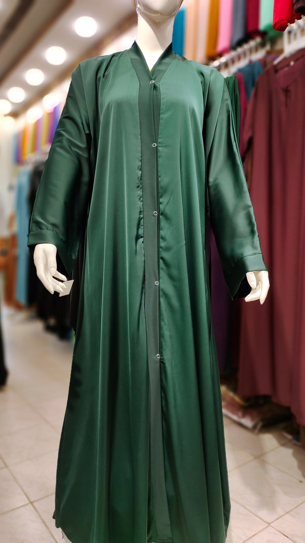 Romantic Silk Front Open Abaya-Dark Green